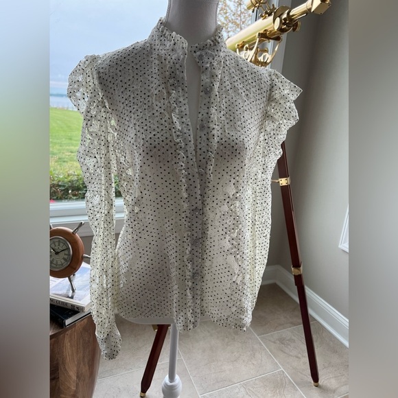 Vici White Lace Polka Dot Rhinestone Button Blouse Puff Sleeve Feminine Top M - Picture 2 of 14